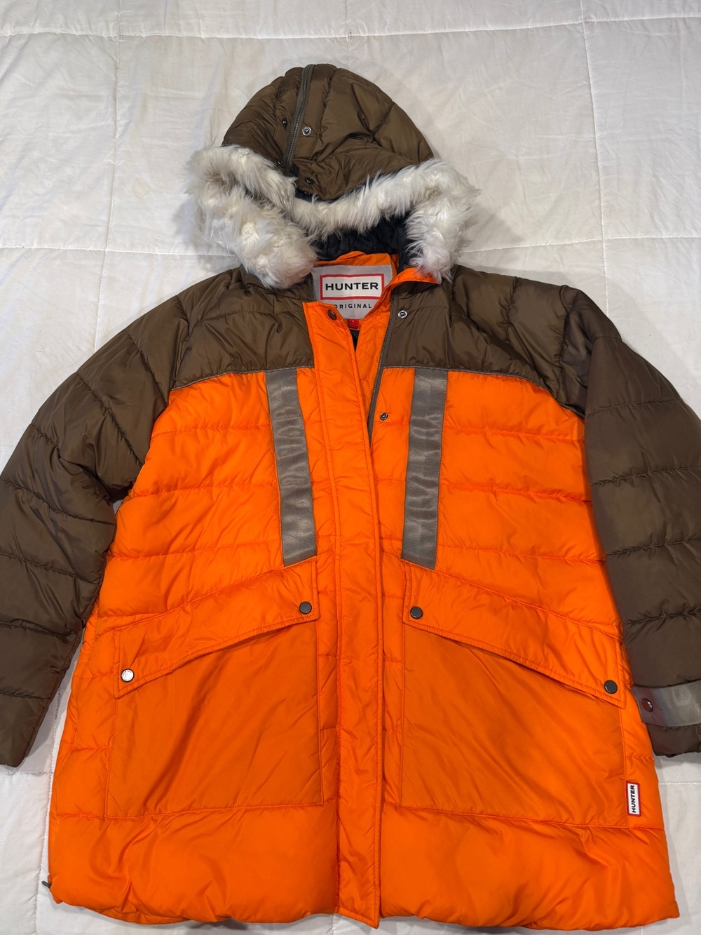 Hunter Orange and Brown Hooded Puffer Coat with Faux Fur Trim